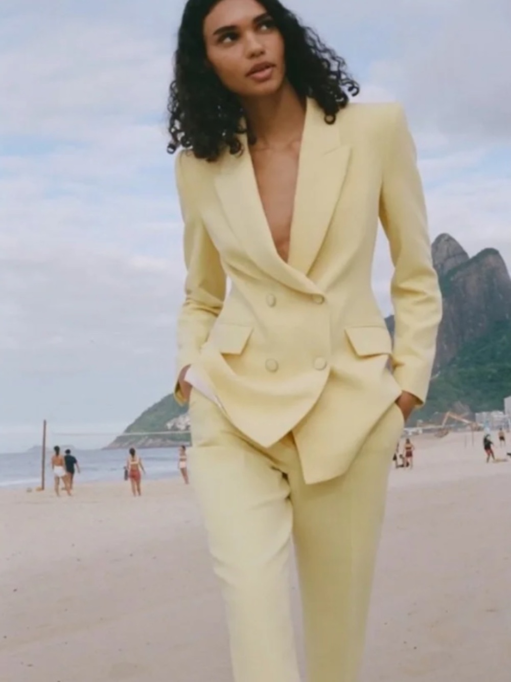 Double Breasted Shoulder Pad Blazer (Color: Yellow)